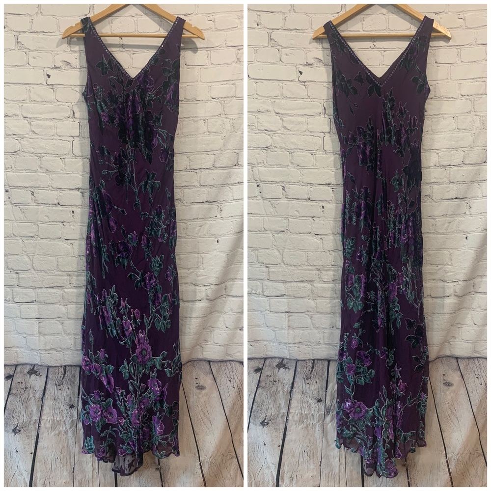 Monsoon Purple Floral Velvet Long Occasion Silk Dress Size 8